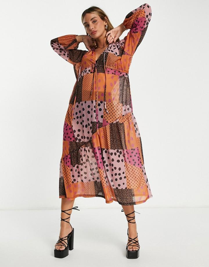 Asos Design V Neck Midi Dress In Mix Match Spot Print-black