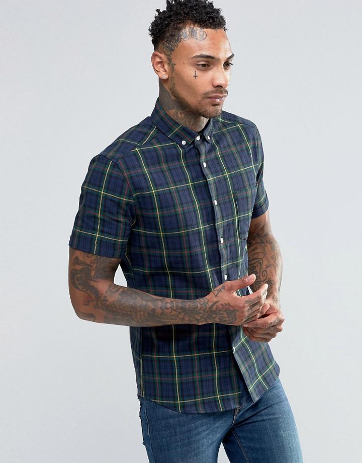 Asos Skinny Check Shirt In Khaki - Green