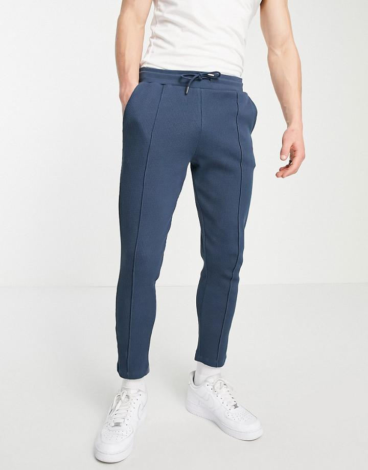 Asos Design Smart Waffle Skinny Sweatpants In Navy With Pin Tucks