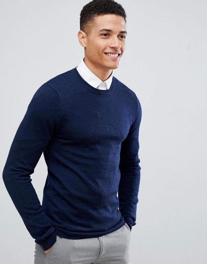 Asos Design Muscle Fit Merino Wool Sweater In Navy - Navy