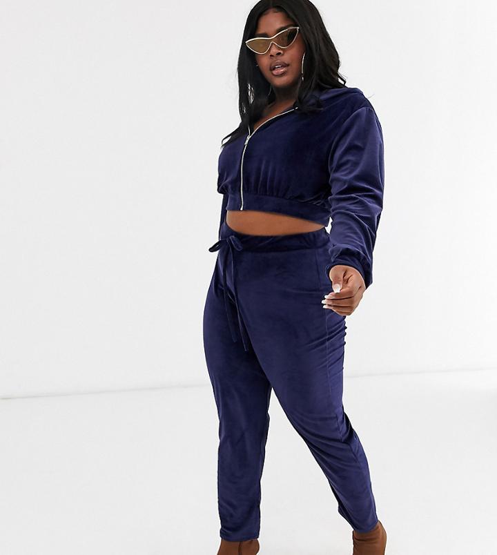 Fashionkilla Plus Skinny Drawstring Velvet Jogger In Navy - Beige