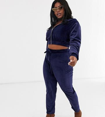 Fashionkilla Plus Skinny Drawstring Velvet Jogger In Navy - Beige