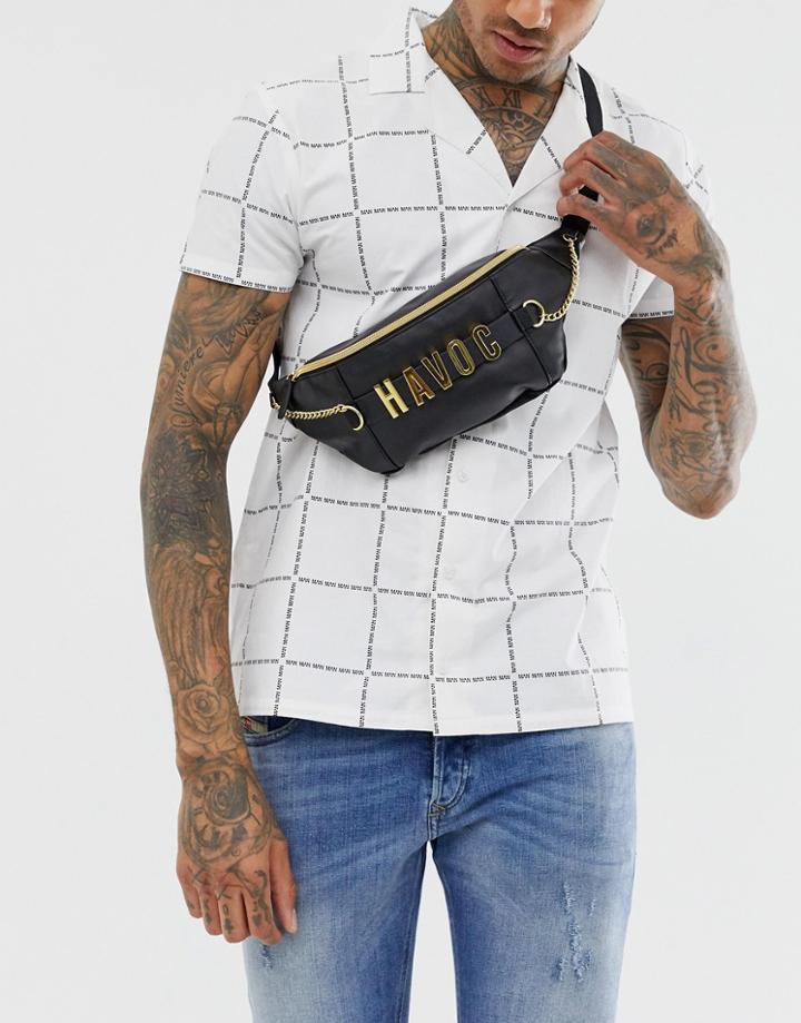 Asos Design Faux Leather Cross Body Fanny Pack In Black With Gold Chain And 'havoc' Charms - Black