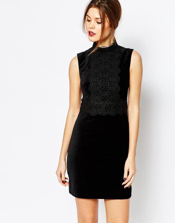 Warehouse Lace Collar Velvet Dress - Black