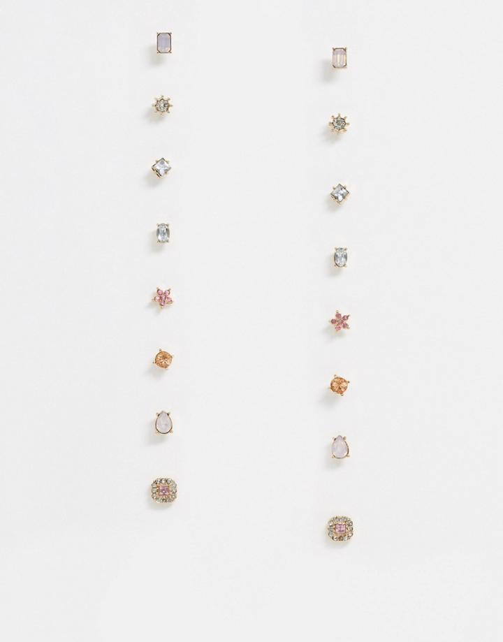 Asos Design Pack Of 8 Stud Earrings In Pretty Jewel Design In Gold Tone