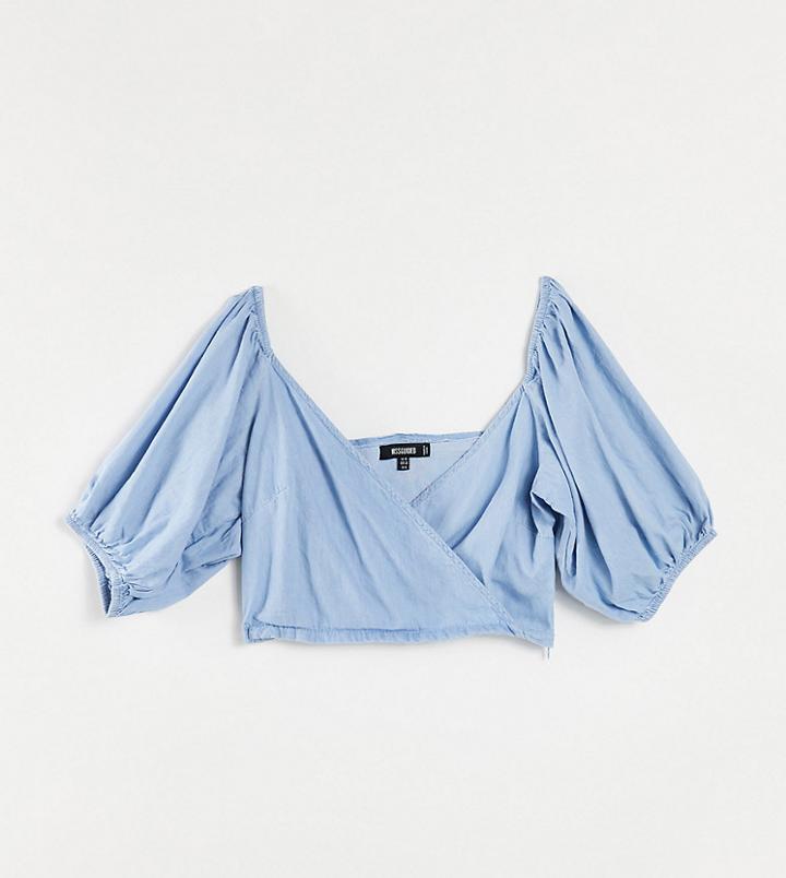 Missguided Chambray Top With Shirred Volume Sleeve In Blue-blues