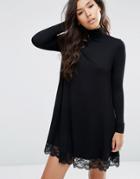 Asos Swing Dress With Lace Hem And Turtleneck - Black