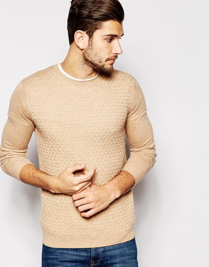 Asos Cable Sweater In Merino Wool Mix - Beige