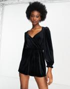 Miss Selfridge Velvet Wrap Front Romper In Black