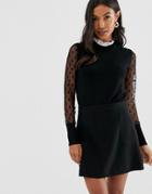 Morgan Fine Rib Knitted Sweater With Dobby Lace Sleeve And Ruffle Neck Detail In Black