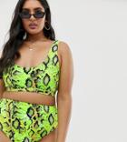Asos Design Curve Mix And Match Crop Bikini Top In Neon Snake - Green