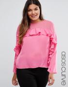 Asos Curve Ruffle Top In Satin With Sheer Panel - Pink