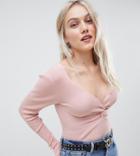 Asos Design Petite Sweater With Knot Front In Rib - Pink