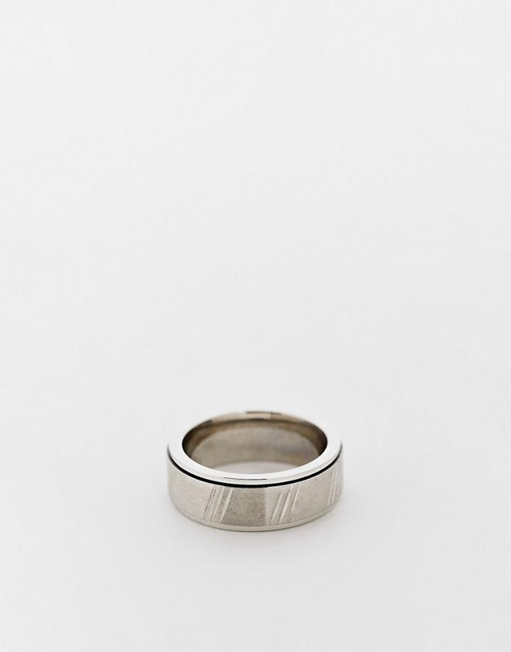 Asos Design Stainless Steel Movement Band Ring With Horizontal Emboss In Silver Tone