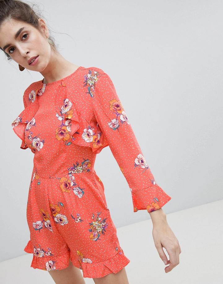 Neon Rose Tie Back Tuffle Romper In Spot Floral - Red
