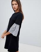 Noisy May Dress With Check Fluted Sleeve - Black