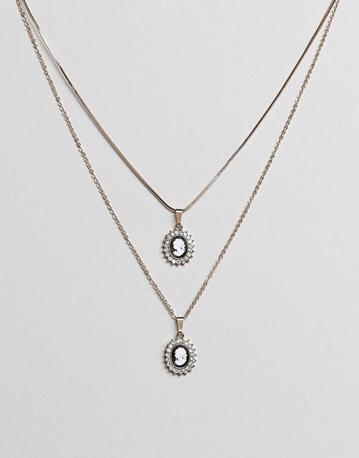 Asos Design Pack Of 2 Necklaces With Vintage Style Cameo With Pearl And Crystal Detail In Gold - Gold