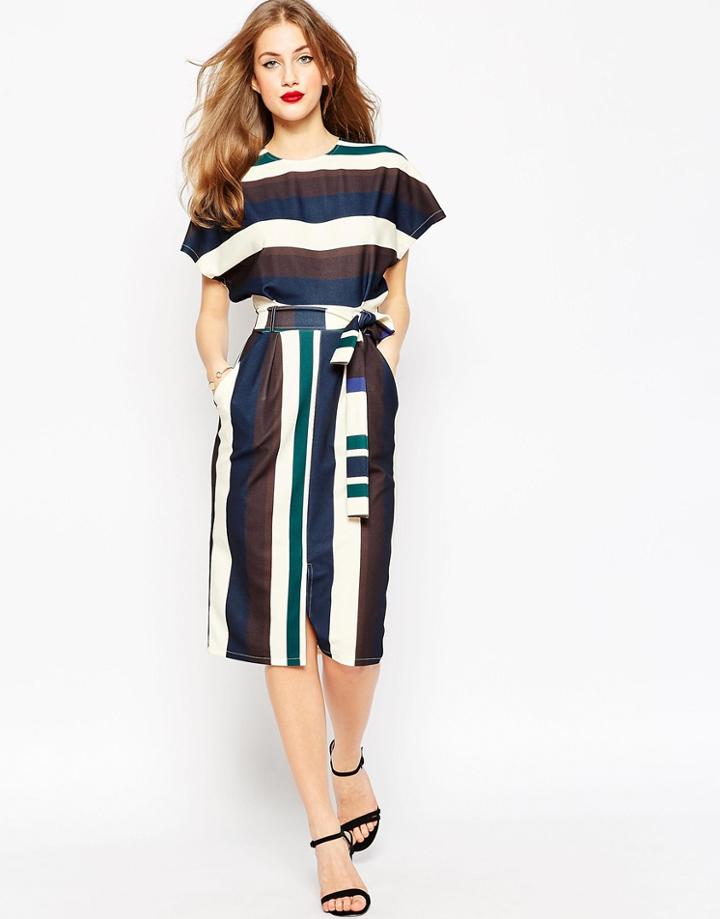 Asos Mixed Colored Stripe Belted Wiggle Dress - Stripe