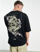 Asos Design Oversized T-shirt In Black Cotton Blend With Dragon Back Print - Black