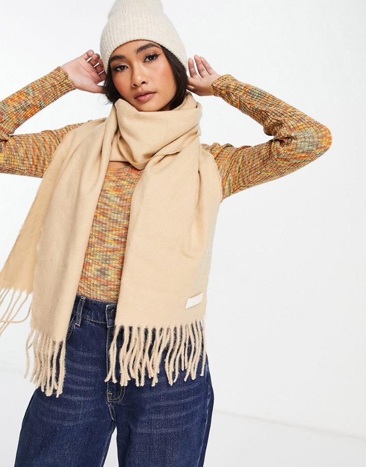 Topshop Recycled Supersoft Scarf With Woven Tab In Camel-brown