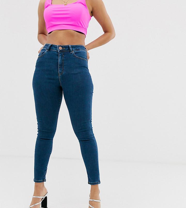 Asos Design Petite Ridley High Waisted Skinny Jeans In Rich Mid Blue Wash