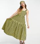 Collusion Gingham Midi Tiered Sundress Dress In Yellow & Black-multi