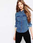 Asos Denim Fitted Western Shirt In Mid Wash - Mid Wash Blue