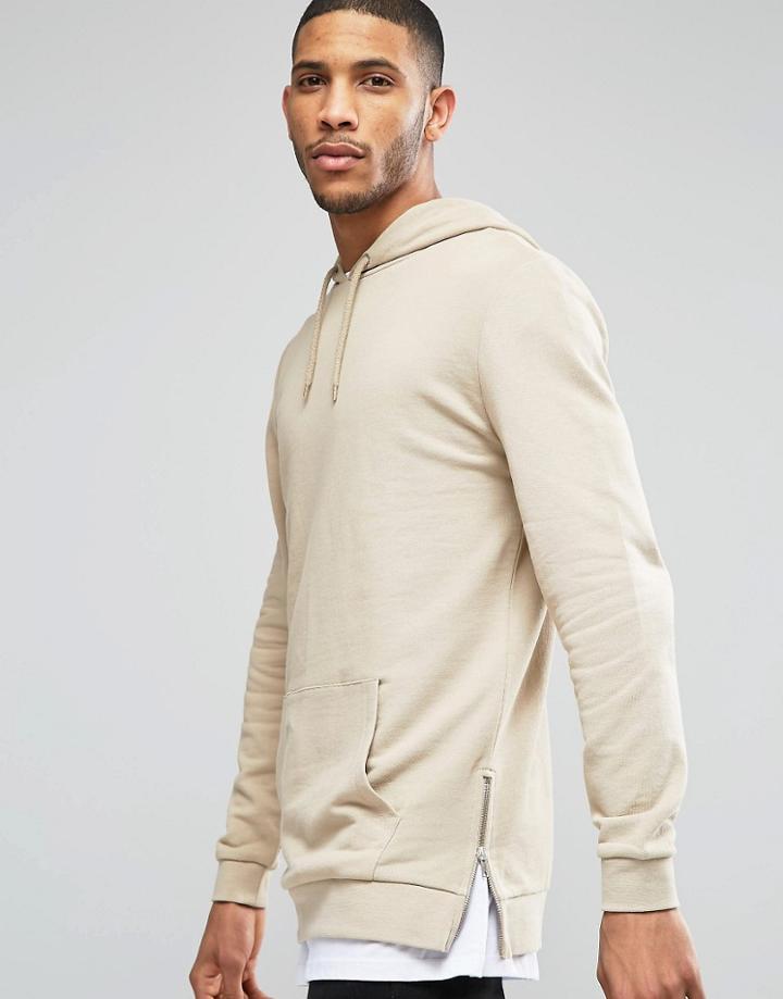 Asos Longline Hoodie With Side Zips In Beige - Oxford Tan