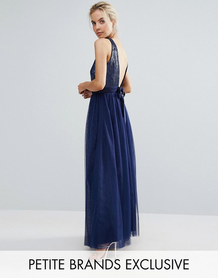 Little Mistress Petite Allover Sequin Bow Back Tulle Prom Maxi Dress - Navy
