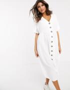 Asos Design V Neck Button Through Midi Smock Dress - White