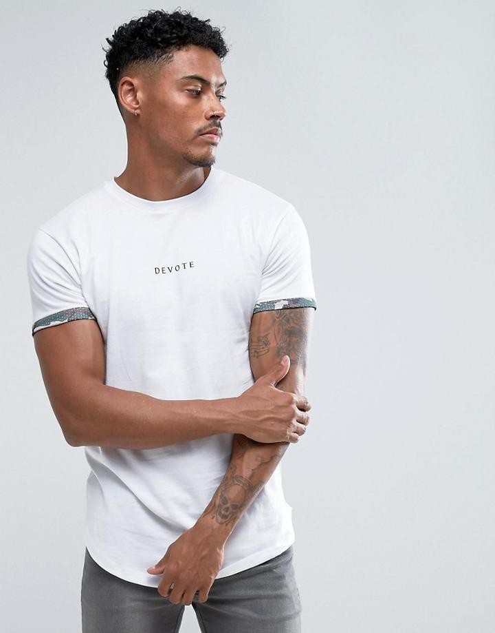 Devote Slim Fit T-shirt With Curved Hem And Printed Turn Up Sleeve - White