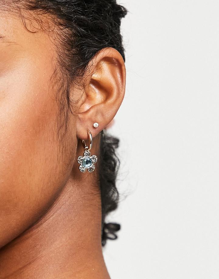 Topshop Flower Crystal Charm Hoop Earrings-gold