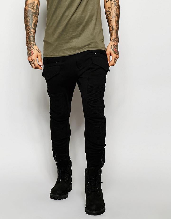Black Kaviar Skinny Biker Joggers With Side Zips - Black