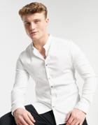 River Island Long Sleeve Muscle Fit Shirt With Grandad Collar In White