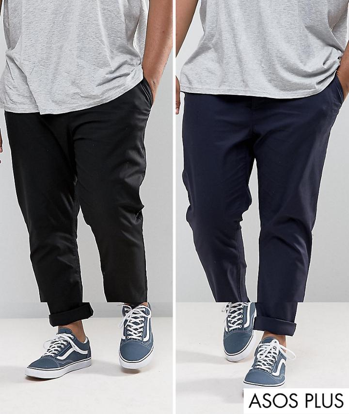Asos Design Plus 2 Pack Slim Chinos In Black & Navy Save-multi