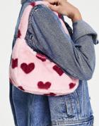 Monki Faux Fur Shoulder Bag In Pink Heart Print