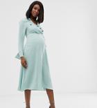 Asos Design Maternity Button Through Wrap Midi Shirt Dress - Green