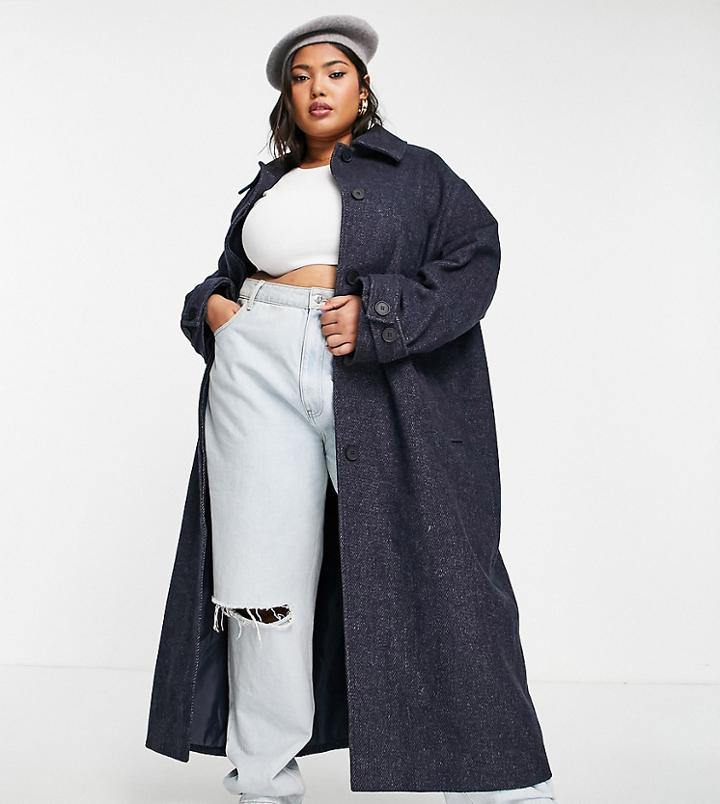 Asos Design Curve Oversized Boyfriend Maxi Coat In Navy Twill