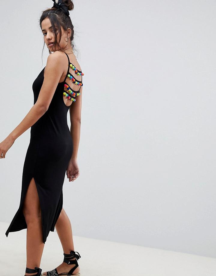 Asos Design Column Sundress With Pom Pom Details - Black