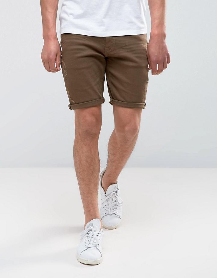 Asos Denim Shorts In Skinny Khaki With Abrasions - Green