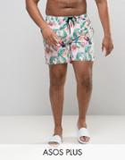 Asos Plus Swim Shorts In Pink Tropical Floral With Triangle Print In Mid Length - Pink