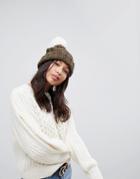 Brave Sould Cable Hat With Knitted Bobble In Khaki - Green