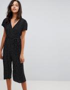 New Look Polka Dot Plisse Wrap Culotte Jumpsuit - Black