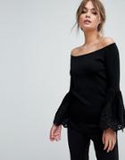 Coast Evie Lace Trim Hem Bardot Knit Top - Black