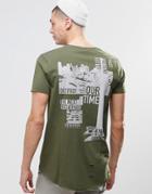 Asos Longline T-shirt With Distressing And Military Back Print In Khaki - Rifle Green