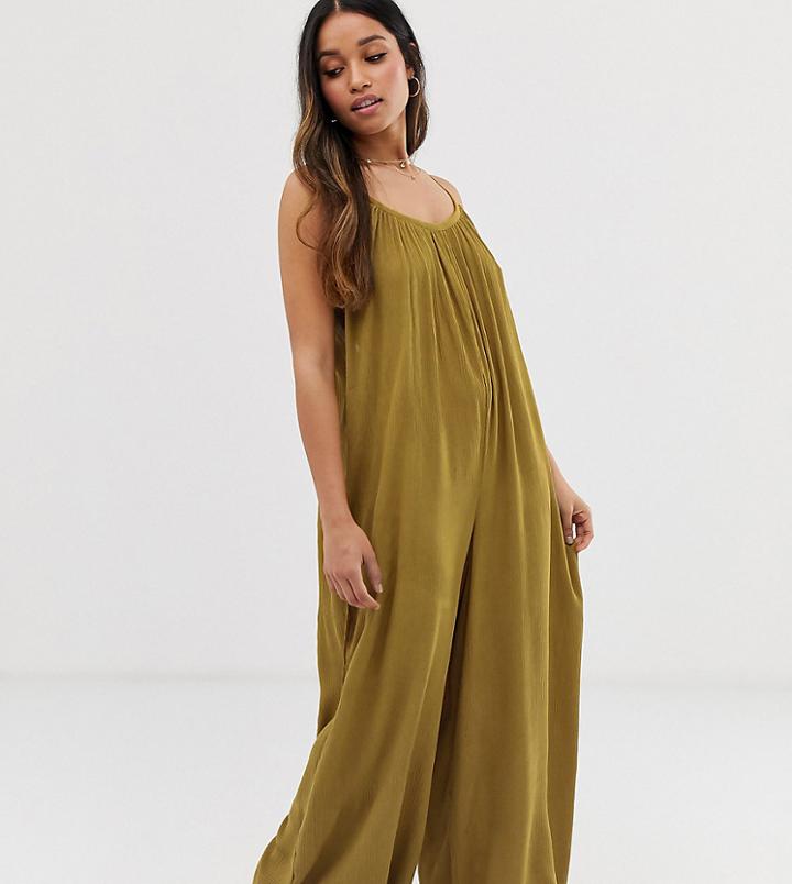 Asos Design Petite Low Back Jumpsuit In Crinkle-green