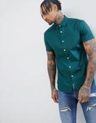 Asos Design Slim Shirt In Green With Short Sleeves - Green
