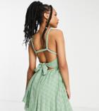 Asos Design Petite Elasticated Tie Back Pleated Mini Dress In Sage Green