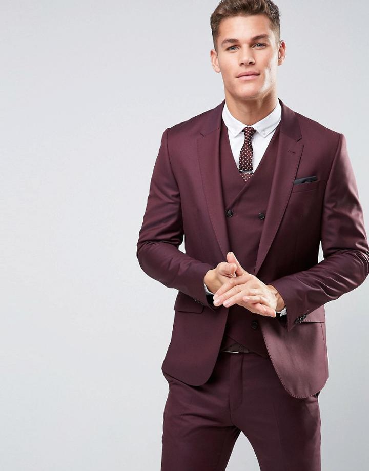 Asos Skinny Suit Jacket In Dark Berry 100% Wool - Purple