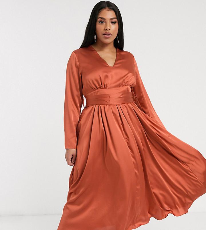 Glamorous Curve Plunge Front Midi Tea Dress In Satin-orange